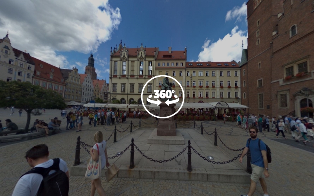 Foto 360 Estatua de Alexander Fedro en la Plaza del Mercado (Rynek) de Wroclaw(Breslavia).VidePan en Polonia