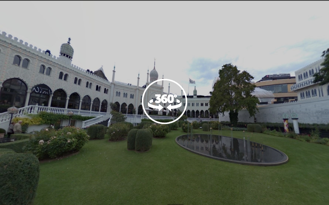 Foto 360 Fuente del restaurante Nimb del parque Tivoli de Copenhague. VidePan en Copenhague